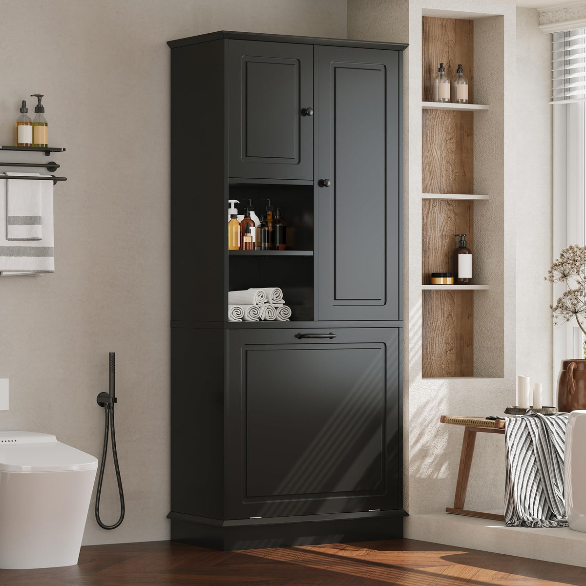 68" Tall Bathroom Storage Cabinet with Two Doors and Laundry Hamper for Home Display Organizer