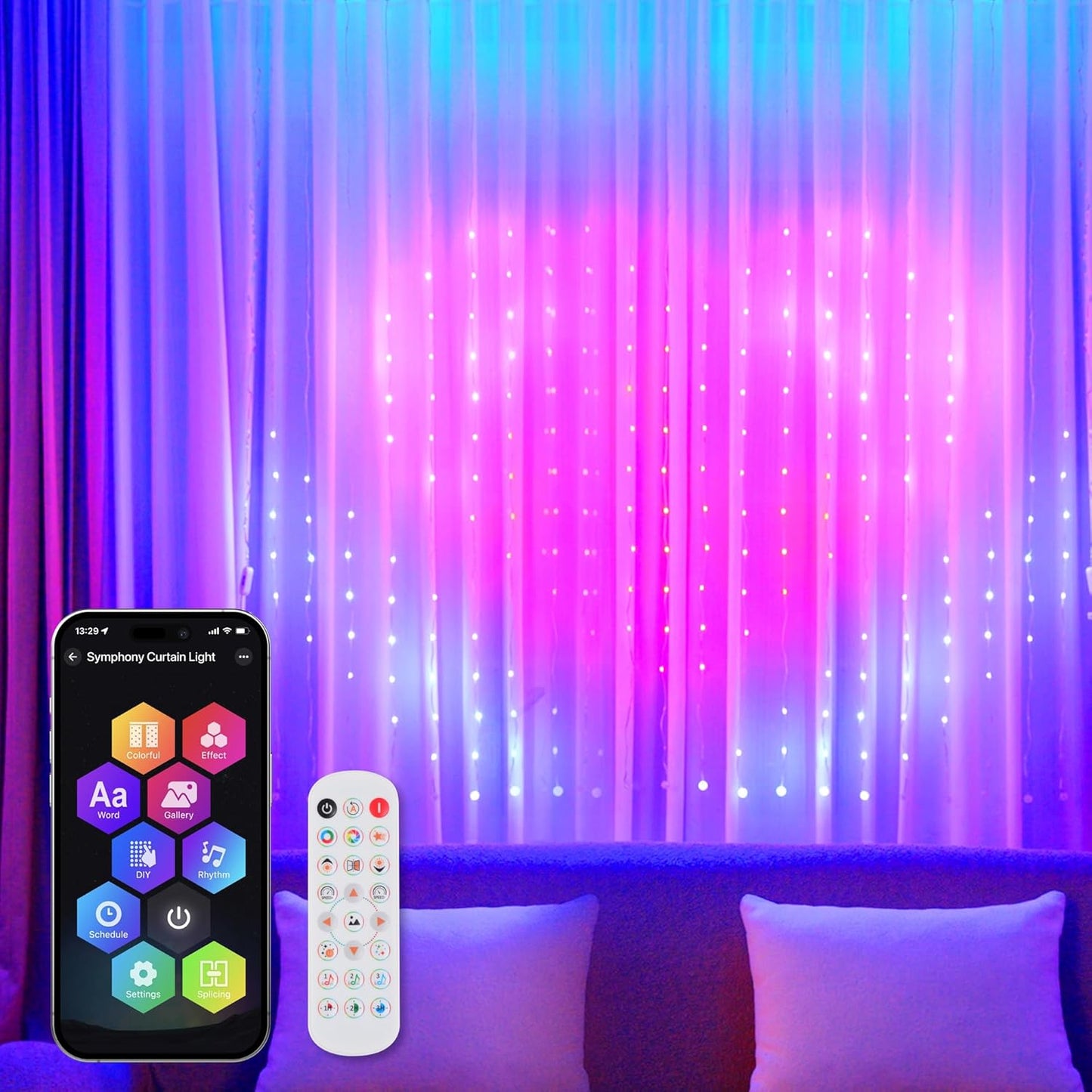 Smart LED Curtain Lights, RGB+IC Color Changing Holiday Wall Lights, 6.6x6.6ft 400 LEDs, Indoor Dynamic DIY String Lights, APP Remote Control, for Bedroom, Living Room, Window Decor, Party, Wedding