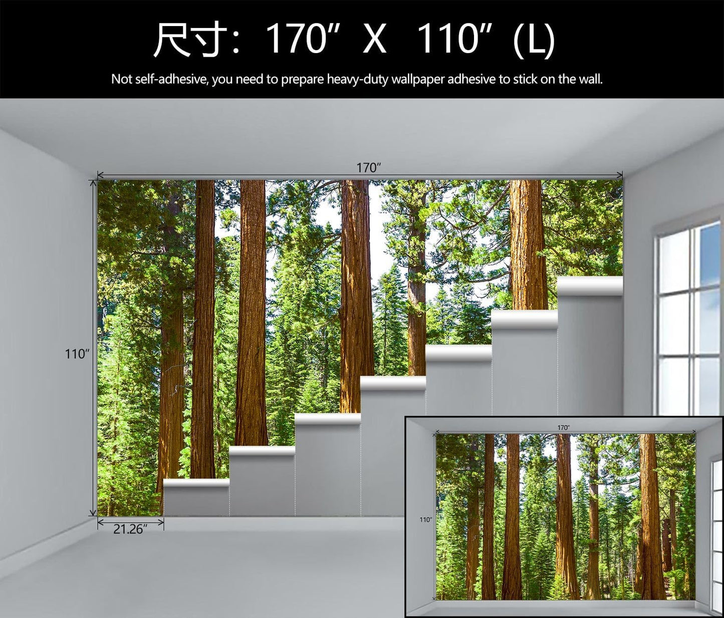 WFBHUA-Redwood Forest Wallpaper Green Woodland Tree Wallpaper for Bedroom Large Art Wall Murals for Living Room Office (Not Peel and Stick)