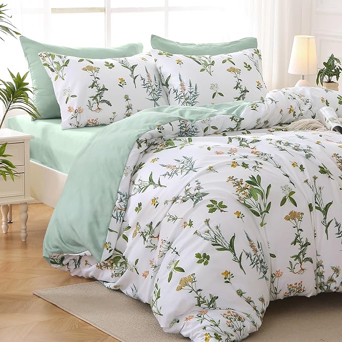 MUXHOMO Full Comforter Set, Green Elegant Floral Print Bed in a Bag 7 Pieces, Ultra Soft & Breathable Reversible Botanical Pattern Bedding Set with Comforter, Sheets, Pillowcases, and Shams
