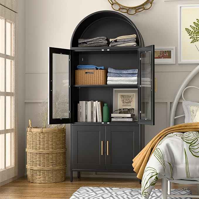 Metal Arched Bookcase Cabinet with 4 Doors,Arched Kitchen Pantry Cabinet for Home Office Living Room,Required Assembly,Black