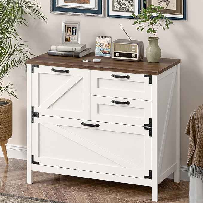 Wood Lateral File Cabinet with 4-Drawer for Hanging Files Letter/A4/Legal Size, Large Farmhouse Filing Cabinets for Home Office, Printer Stand with Office Cabinet, Office Furniture, White and Brown