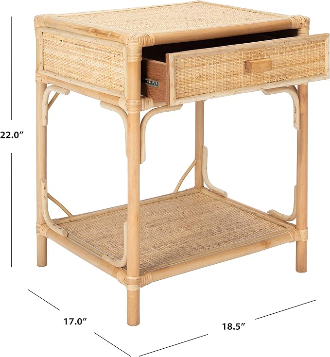 SAFAVIEH Home Collection – Roya Natural Nightstand with Drawer & Shelf, Coastal Accent Table, Bamboo-Style Frame & Rattan Drawer (NST4005A)