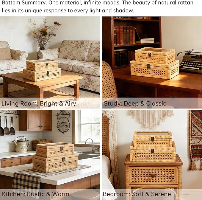 Rattan and Cane Stacking Boxes with Glass Top Lid - Set of 2 for Boho, and Rustic Farmhouse Decor