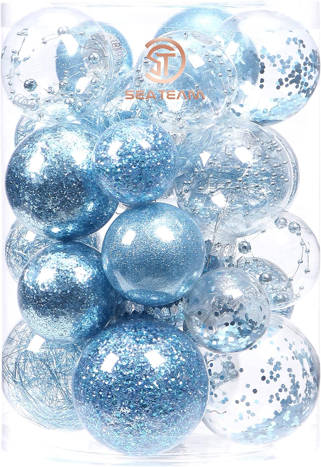 Sea Team Christmas Baubles Set Clear Plastic Shatterproof Multi-Size Decorative Christmas Baubles with Stuffed Delicate Decorations (25 Pieces, Babyblue)
