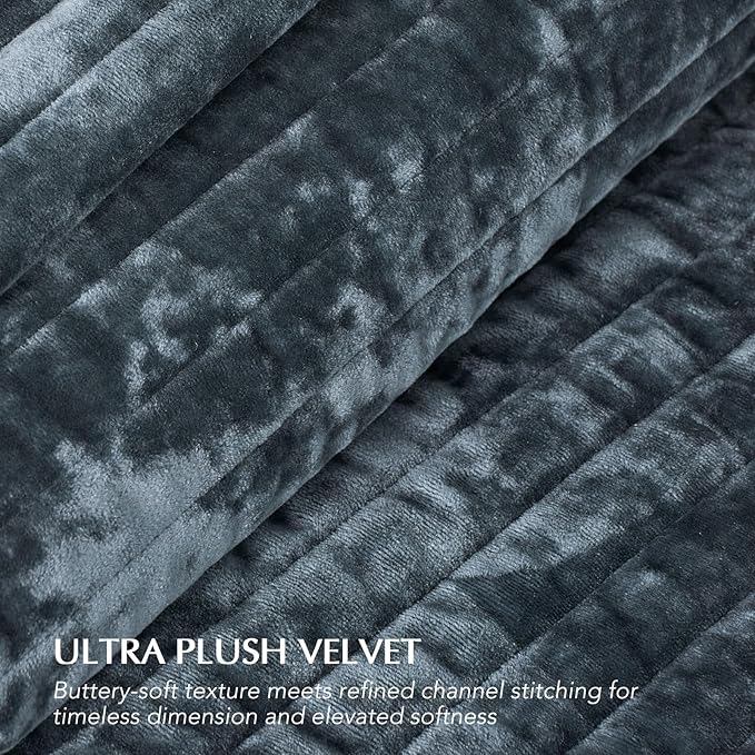 EVERGRACE Velvet Quilt Set Queen Size, Luxurious Soft Striped Channel Bedding Set, Lightweight Velvet Comforter for All Season, Oversized Bedspread Coverlet with 2 Matching Shams, Stormy Blue
