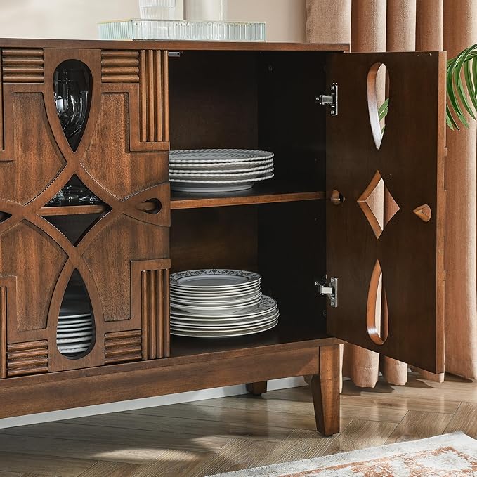 Ball & Cast 60" Mid Century Modern Sideboard Cabinet with Openwork Carving, Media Console & Buffet Cabinet with 4 Doors and Adjustable Shelves for Living Room,Kitchen Coffee Bar, Dining Room, Walnut