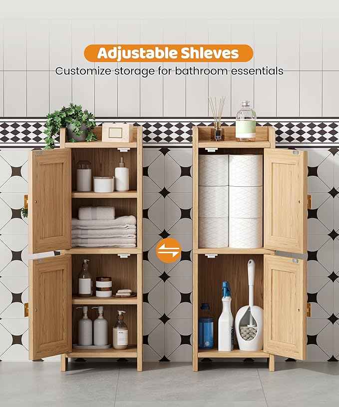 Rattan Small Bathroom Cabinet with 2 Doors, 7.9''D x 9.8''W Narrow Toilet Paper Storage Cabinet, Bathroom Organizer for Small Spaces, Wooden Slim Corner Unit with Adjustable Shelf, Natural Oak