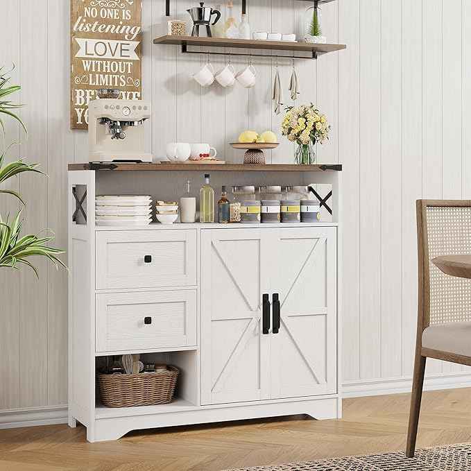 Vabches Farmhouse Buffet Sideboard Cabinet with Drawers and Open Shelf, 38.5" Storage Cabinet with Adjustable Shelves and Door, Modern Coffee Bar Hutch Pantry for Kitchen, Living Room, Entryway, White