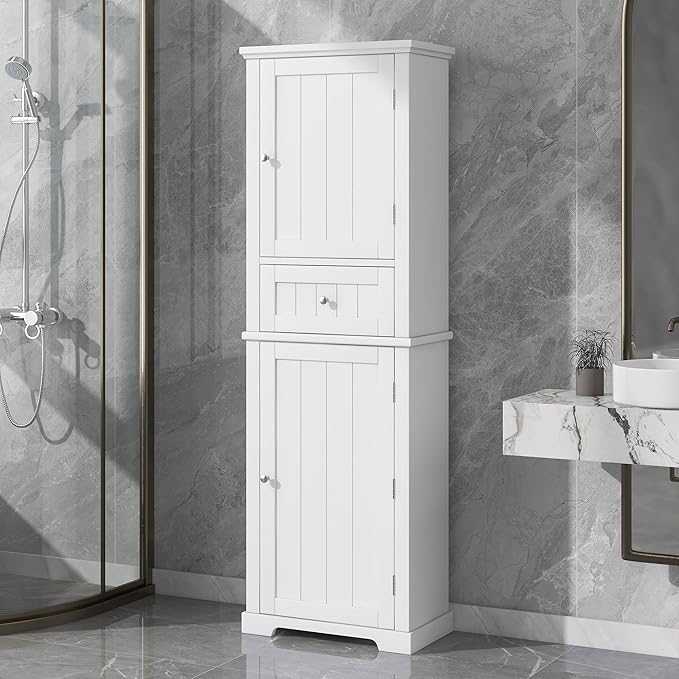 Favfurish 68" Tall Bathroom Storage Cabinet with Doors and Drawer, Modern Linen Cabinets w/Adjustable Shelf & Anti-Toppling Device, Freestanding Cabinet for Bathrooms,Living Room, Entryway,White