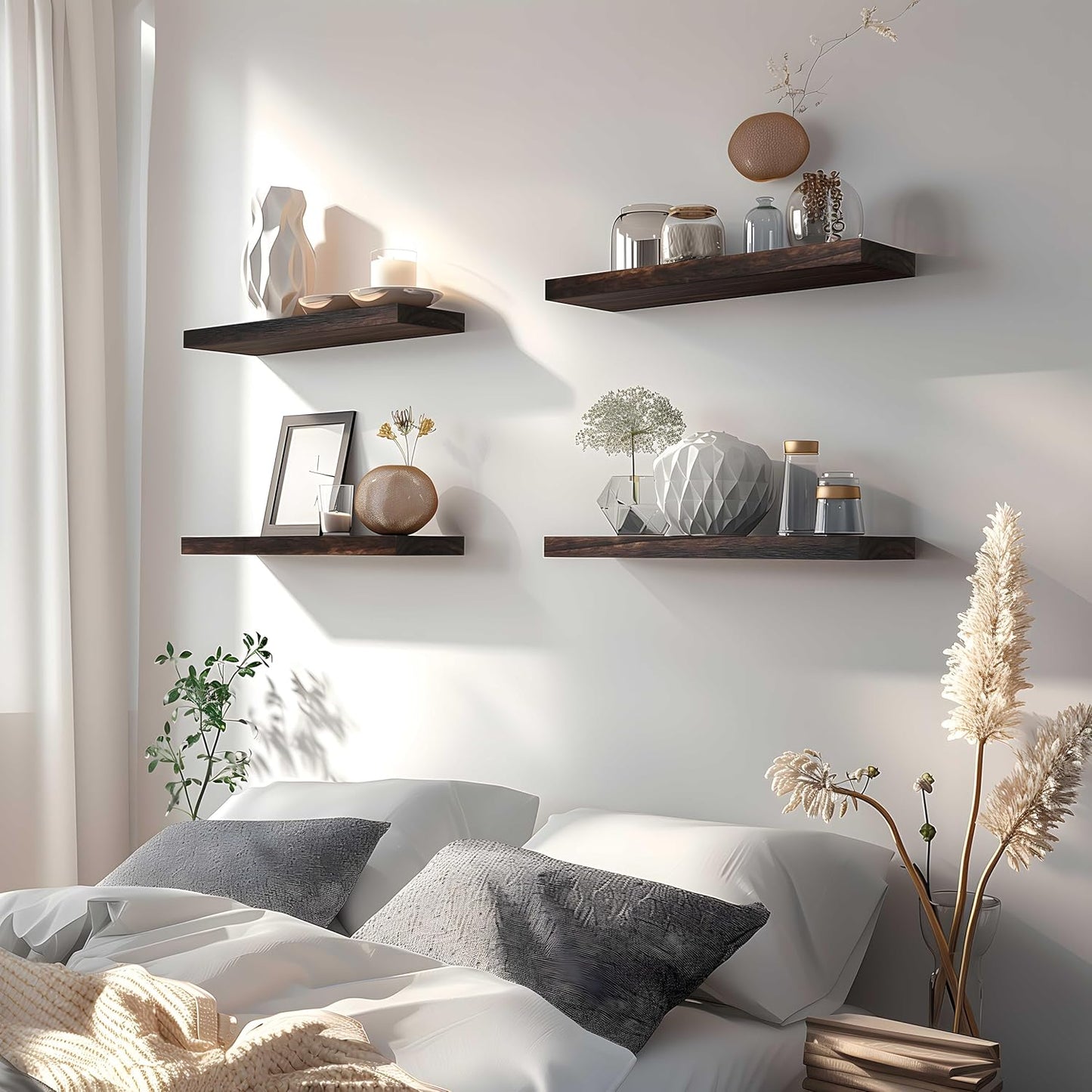 Brown Wood Floating Shelves for Wall Rustic Wall Shelves for Bedroom Set of 6 - Décor Diaries