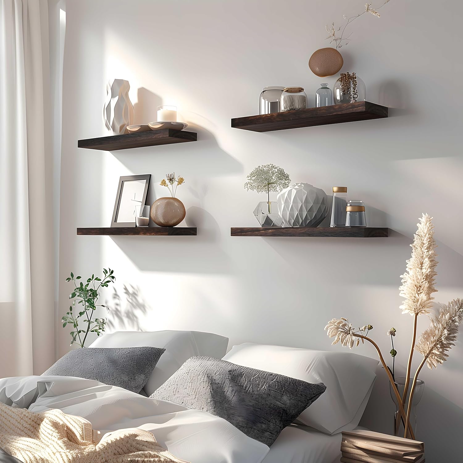 Brown Wood Floating Shelves for Wall Rustic Wall Shelves for Bedroom Set of 6 - Décor Diaries