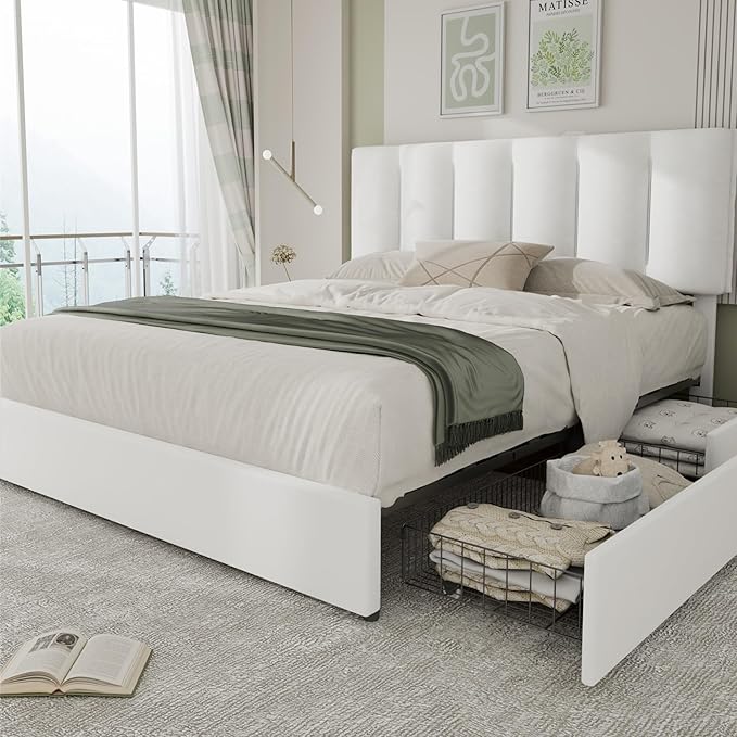 VECELO King Size Bed Frame with 4 Storage Drawers, Adjustable Height Headboard, Heavy-Duty Bedframe with Strong Wooden Slats, No Box Spring Needed, Pure White