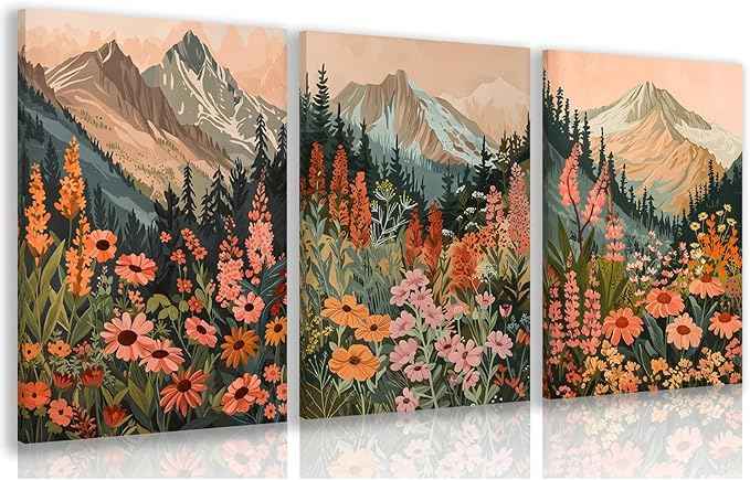 Cyebmo Framed Mountain Wildflower Wall Art Set of 3, Sunset Daisy Flower Wall Decor, Colorful Wildflower Canvas Painting, Nature Botanical Landscape Artwork for Bedroom Living Room 16x24 Inch