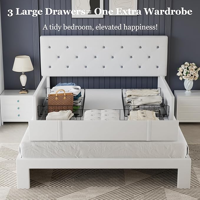 VECELO Queen Size Bed Frame with 3 Storage Drawers, Leather Upholstered with Diamond Tufted Headboard, Solid Wood Slat Support, No Box Spring Needed, PU & White