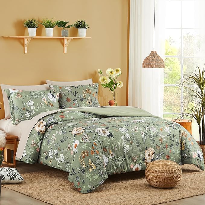 CASAAGUSTO Full Size Comforter Sets-7 Pieces Green Floral Bedding Sets, Bed in a Bag Full with Botanical Butterfly Comforter, Sheets, Pillowcases & Shams for All Seasons