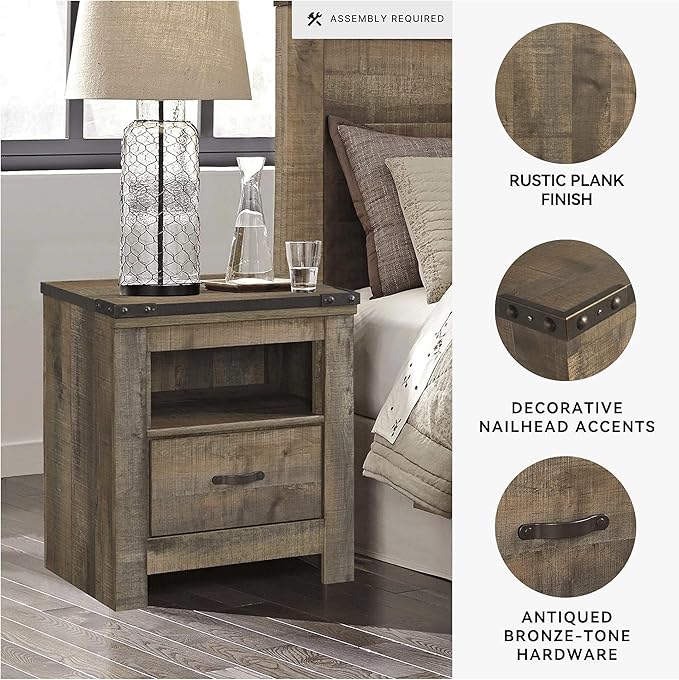 Signature Design by Ashley Trinell Rustic 1 Drawer Nightstand, USB Charing, Storage Cubby, Nailhead Accents, Wood, 24.72" W x 16.18" D x 26.22" H, Warm Brown