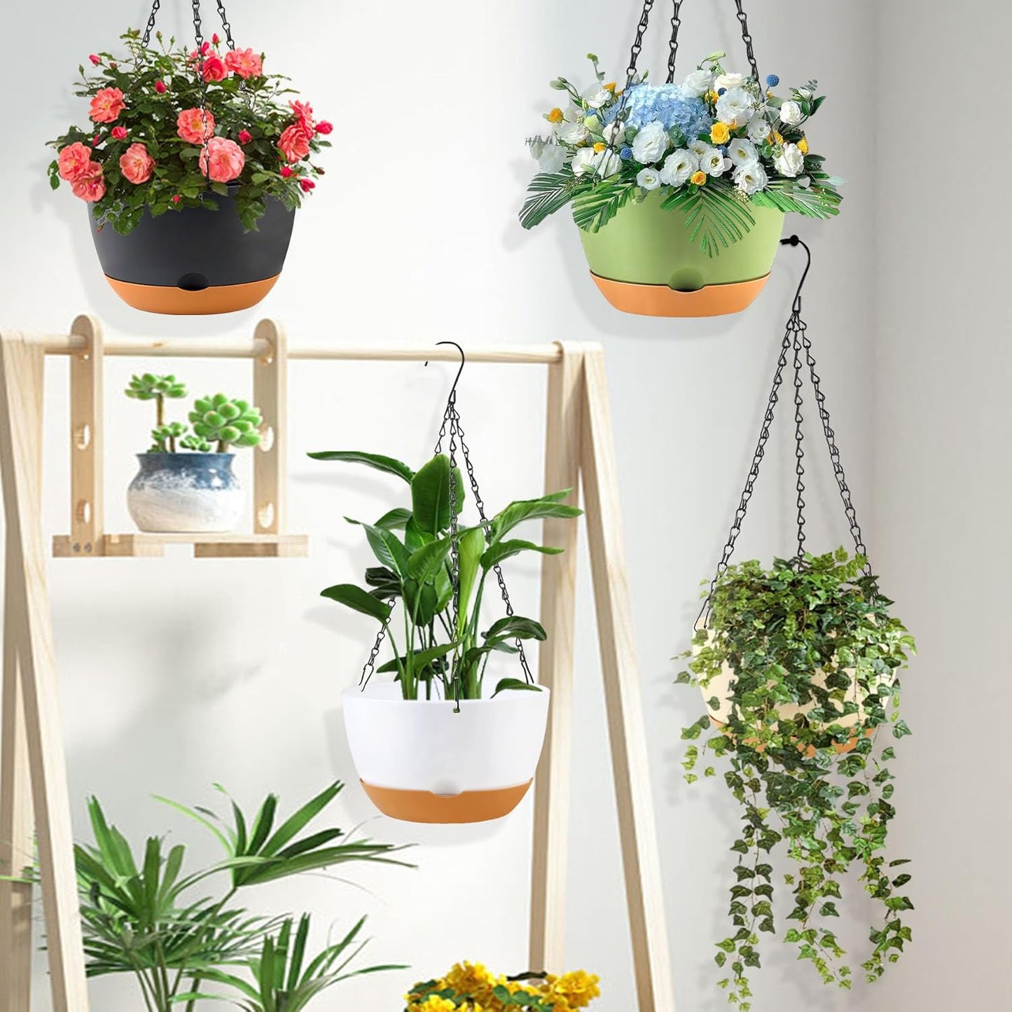 4 Pack Hanging Planter for Plants Indoor,8 Inch Plant Pot Outdoor Plastic Hanging Baskets with Drainage Holes and Chain for Garden Porch Plants(White+Black+Green+Beige)