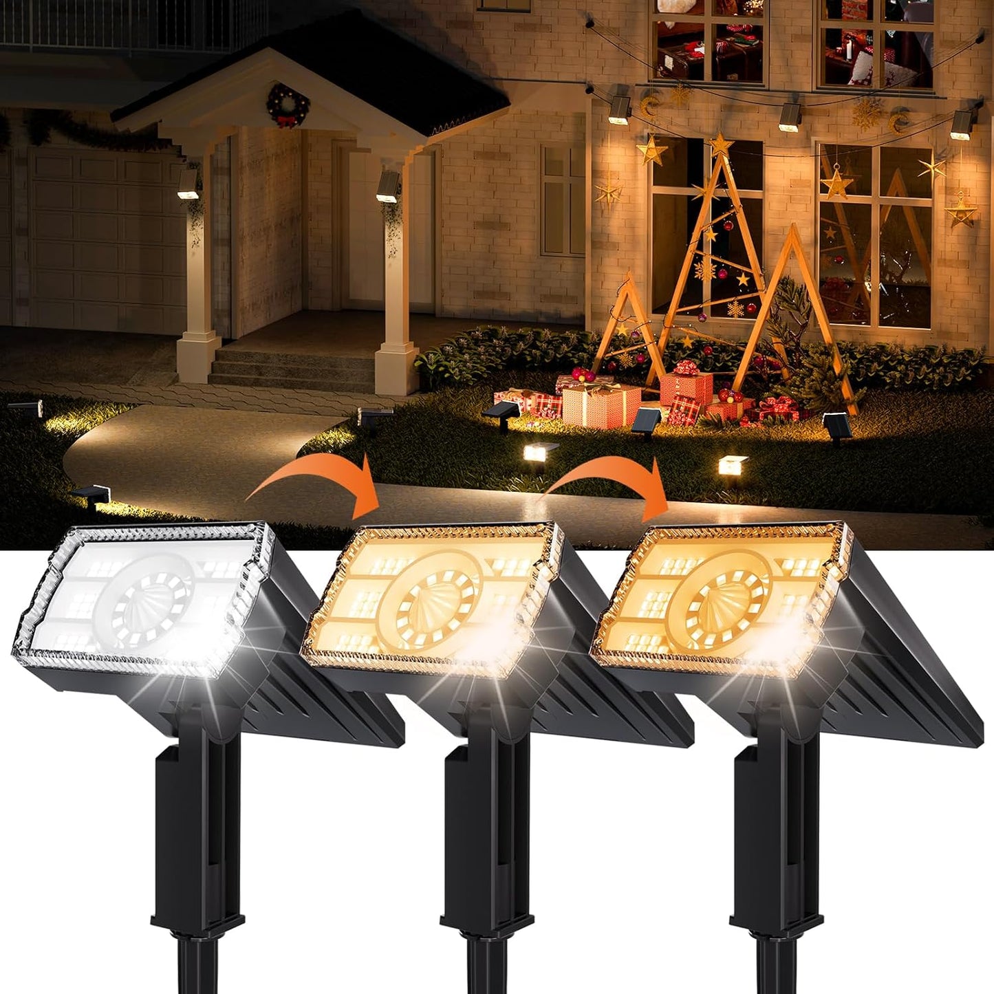 Solar Spot Lights Outdoor,Adjustable Warm&Cool,IP67 Waterproof,3 Color+3 Modes,2-in-1 Wall Lights Solar Powered Spotlights for Pathway/Garden/Yard/Patio/Driveway/Tree/Landscape Lighting Outside Decor