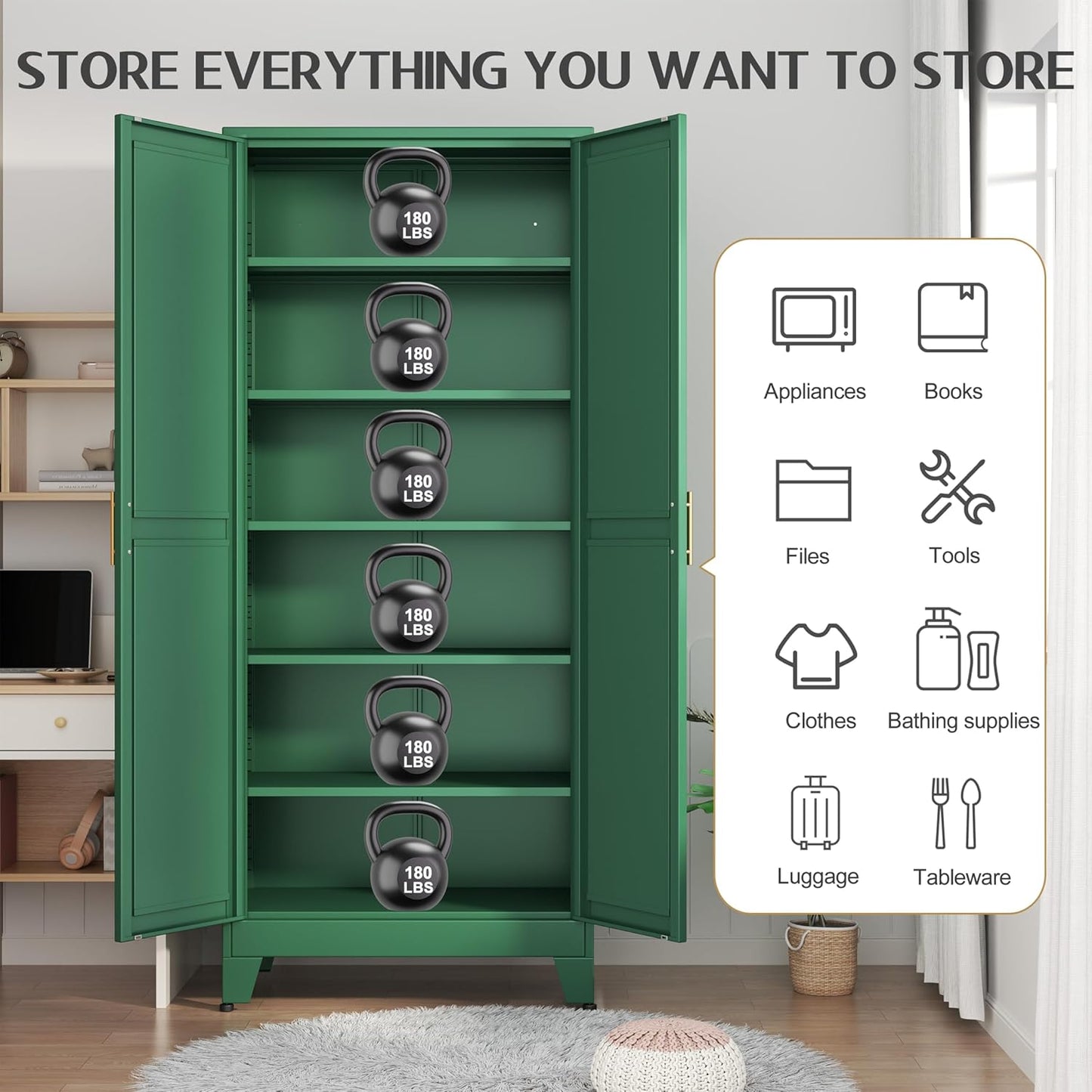 75.2" Tall Kitchen Food Pantry, Pantry Cabinet with 2 Door and 5 Adjustable Shelves, Green Laundry Room Cabinets, Freestanding Pantry for Kitchen, Study Room, Dining Room and Entryway - Décor Diaries