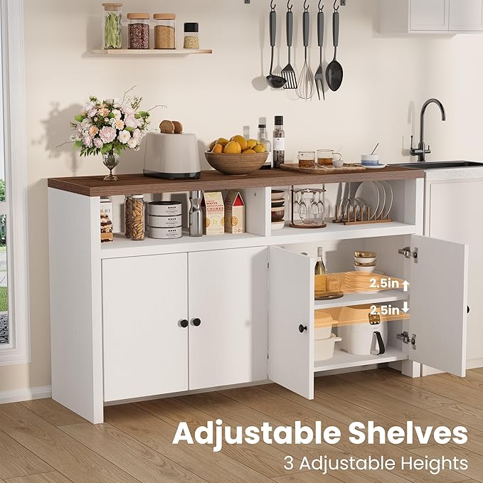 IDEALHOUSE Buffet Sideboard Cabinet with Storage, 55" Large Farmhouse Kitchen Storage Cabinet with 4 Doors & Adjustable Shelves, Wood Coffee Bar Cabinet for Kitchen, Dining Room, Living Room, White