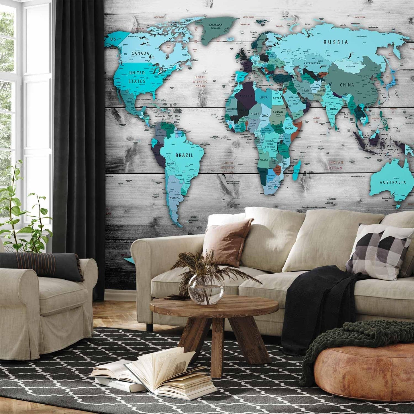 artgeist Premium Wall Mural World Map 157x110 in - XXL Non-Woven Wallpaper Fleece Wall Decor Photo Print Picture Image Design Home Map of The World k-B-0009-a-d