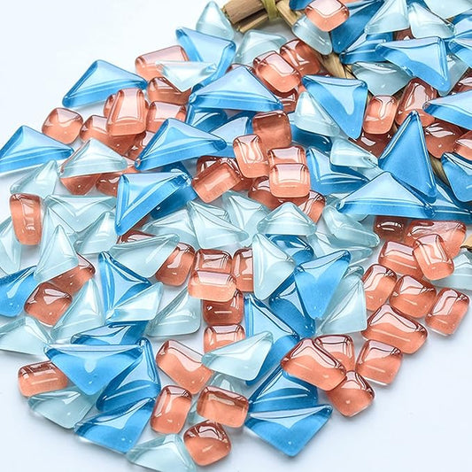 200g Pack of Mosaic Tile Supplies for DIY Crafts, Plates, Picture Frames, Flowerpots, Handmade Jewelry – Irregular Size Square Triangle Rectangle Glass Decorative Tiles (Pink Blue Mix)