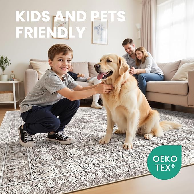 zesthome 8x10 Area Rugs for Living Room,Non-Slip Backing Washable Rugs,Vintage Large Area Rug，Stain Resistant Home Decor Rug (Brown/Beige,8'x10')