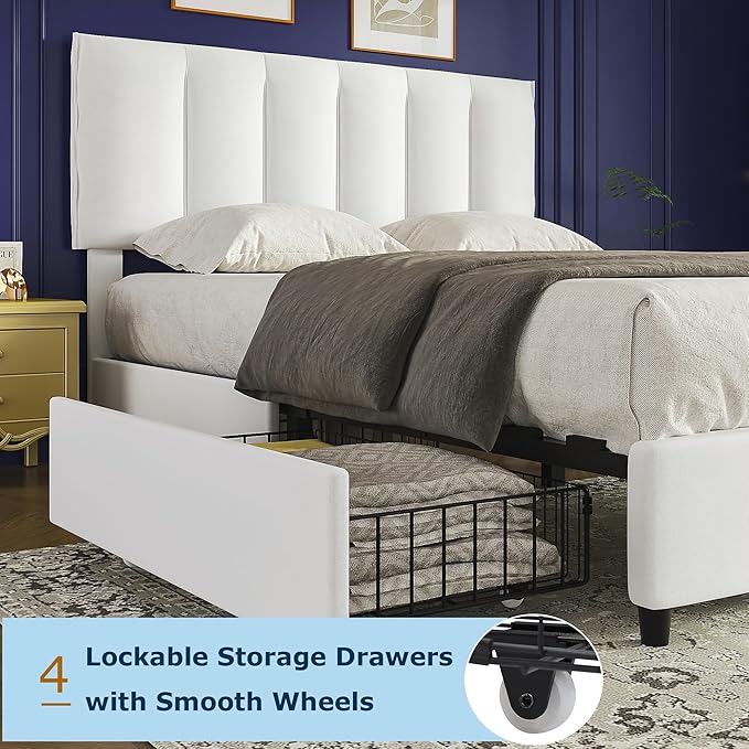 VECELO Queen Size Bed Frame with 4 Storage Drawers, Adjustable Height Headboard, Heavy-Duty Platform Bedframe with Strong Wooden Slats, No Box Spring Needed, Pure White