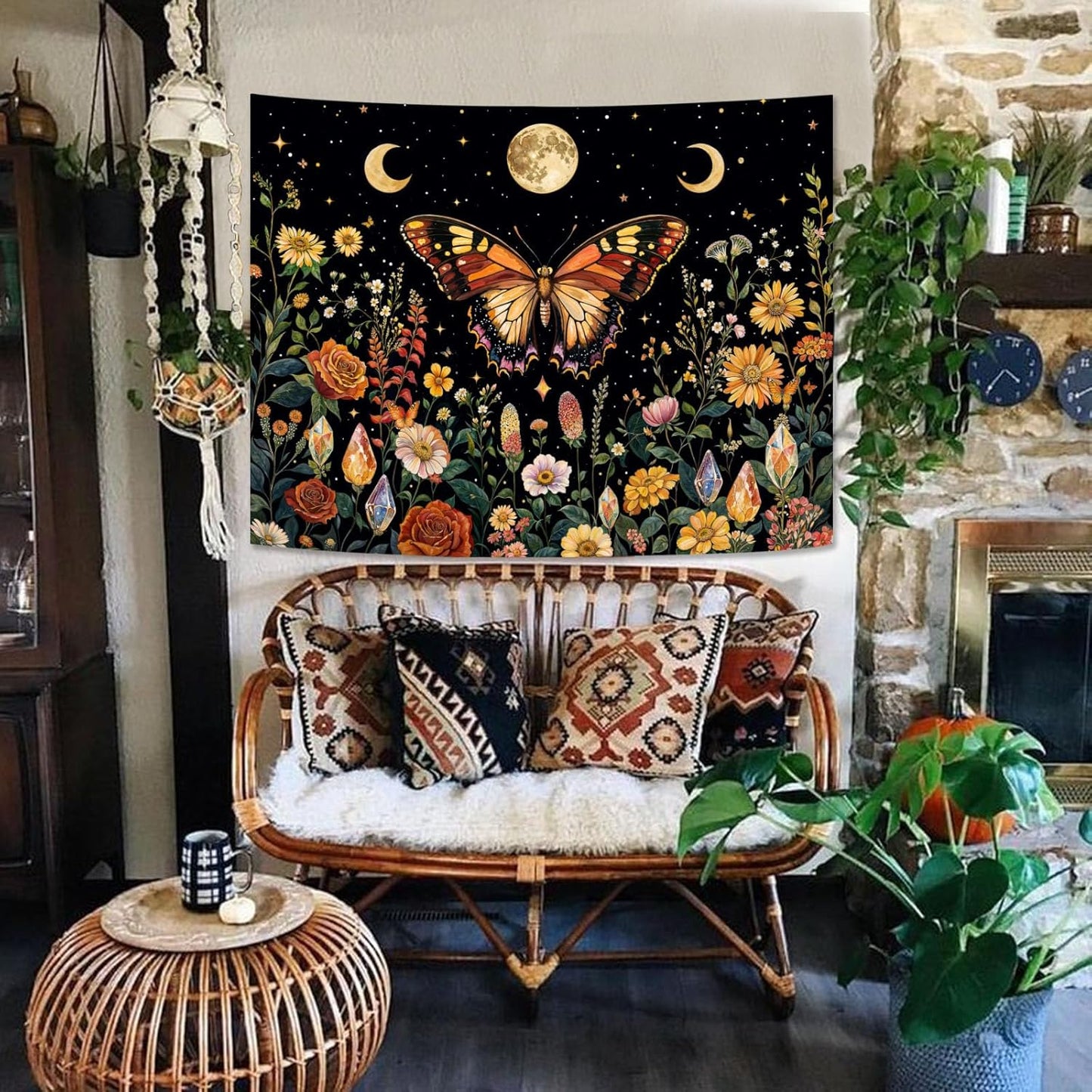 Lunerfex Boho Butterfly Tapestry Flower Moon Wall Tapestry, Moon Phases Tapestries for Bedroom Cute Tapestries Wall Hanging for Bedroom Living Room Decor Butterfly-2 70"x90"