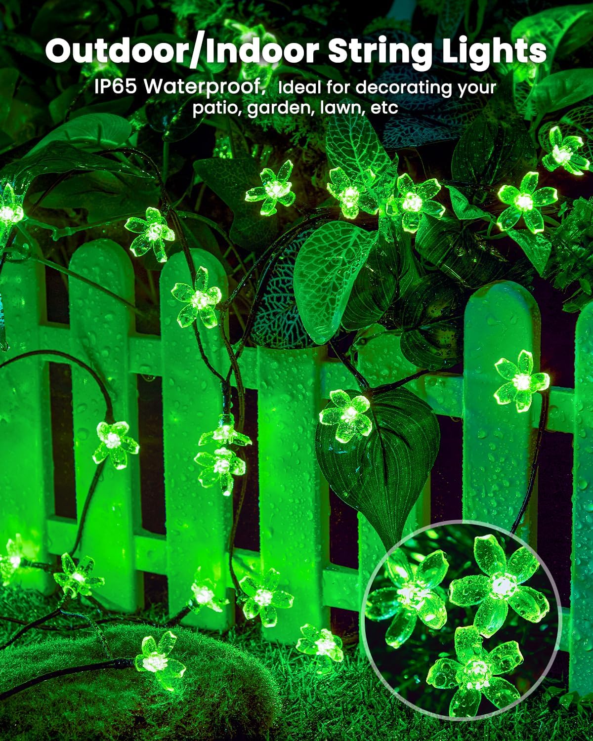 Brightown 60 LED Flower Solar Lights String Outdoor Waterproof Fairy Lights for Garden Yard Fence Patio Christmas Tree Wedding Party Decor, Green