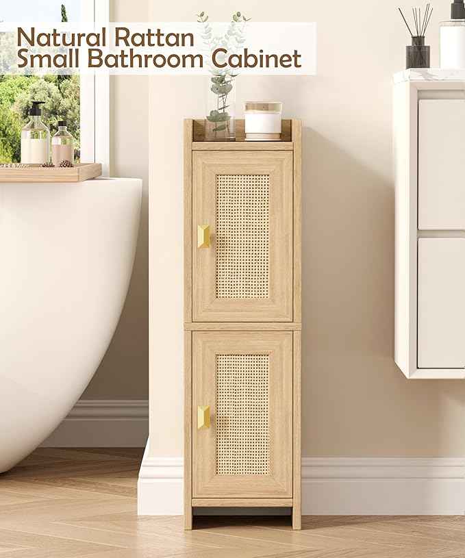 Rattan Small Bathroom Cabinet with 2 Doors, 7.9''D x 7.9''W Narrow Toilet Paper Storage Cabinet, Bathroom Organizer for Small Spaces, Wooden Slim Corner Unit with Adjustable Shelf, Natural Oak