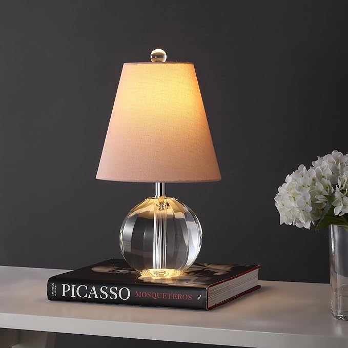 JONATHAN Y JYL2079C 16" Glam Crystal Ball Table Lamp, Modern Bedside Nightstand Lamp for Bedroom Living Room Office, Clear Glass Orb with Pink Round Linen Shade and Chrome Accents, LED Bulb Included