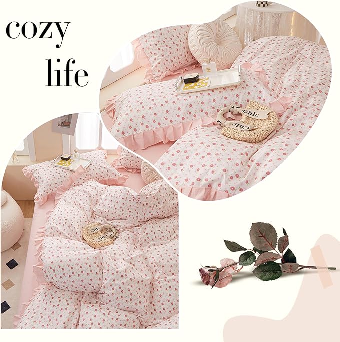 Queen Comforter Set Chic Floral Ruffle Comforter Pink Flower Bedding Comforter Set for All Seasons Fluffy Soft Girls Cottagecore Bedding Set Vintage Botanical Flowers Comforter with 2 Pillowcases