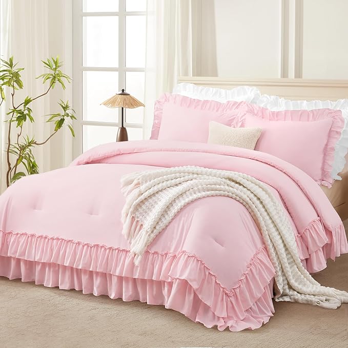 Andency Pink Comforter Set Queen Size, Lightweight Fluffy Farmhouse Pink Ruffle Bedding Set, Soft Microfiber All Season Shabby Chic Bed Comforter Set 3 Pieces(1 Ruffle Comforter 2 Pillowcases)