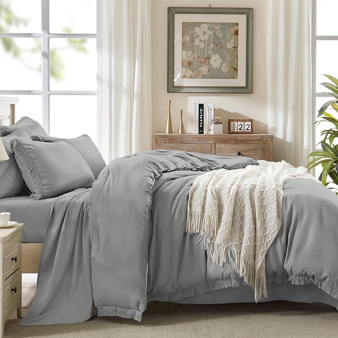 Andency California King Size Comforter Set with Sheets Medium Grey - 7 Pieces Cal King Bed in a Bag Boho Bedding Sets, Bed Set with Comforter, Sheets, Pillowcases & Shams