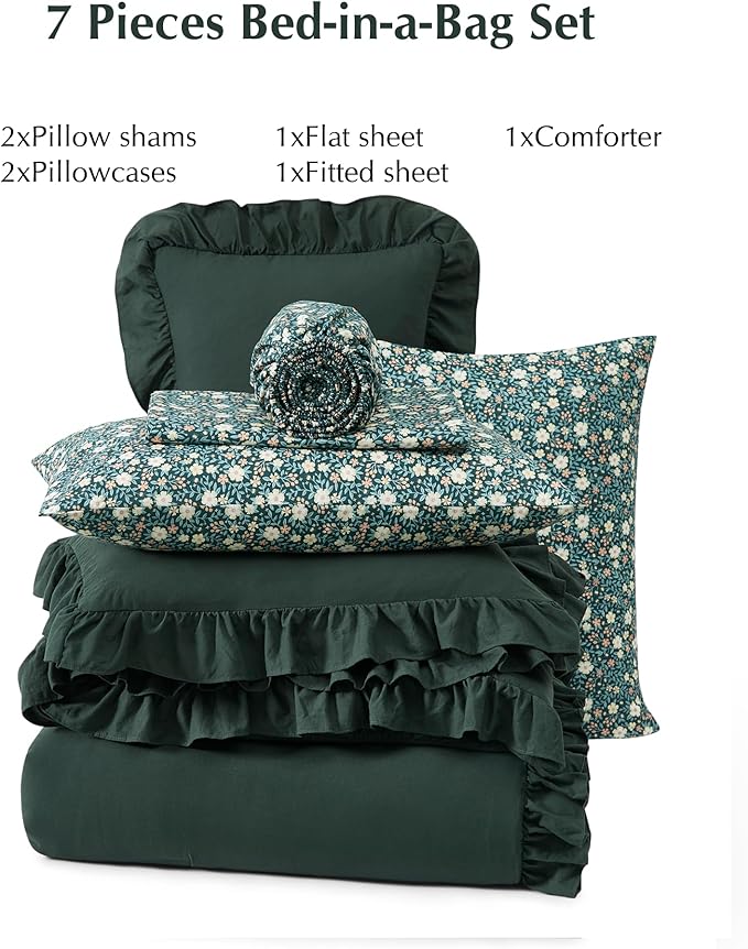 Full Comforter Set - 7 Pieces Ruffle Forest Green Bedding Sets, Shabby Chic Farmhouse Bed in a Bag with Ruffle Comforter, Floral Sheets, Pillowcases & Shams