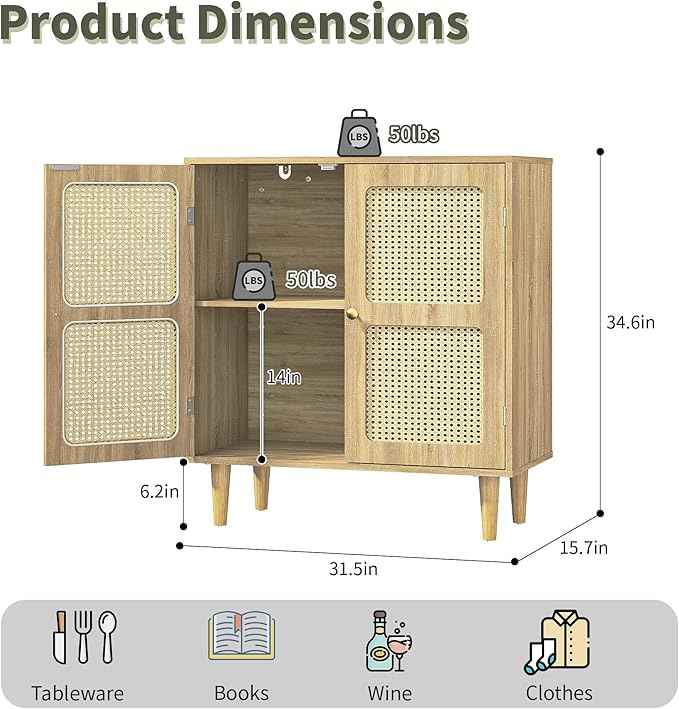 Rattan Sideboard Buffet Cabinet with Storage,Boho Credenza Accent Cabinet with 2 Magnetic Doors and Adjustable Shelves and Solid Wood Legs for Dining Room, Entryway, 31.5" x 15.8" x 34.6"