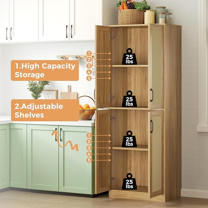 JASIWAY Kitchen Pantry Cabinet, 67" Tall Rattan Storage Cabinet with Doors and Adjustable Shelves, Wooden Linen Pantry Cupboard for Small Spaces Laundry Room Bathroom, Food Snack Towels Storage, Oak