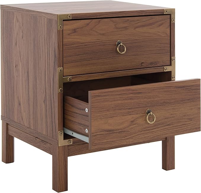 SAFAVIEH Home Collection – Galio Walnut & Gold 2-Drawer Nightstand, Vintage-Inspired Bedside Table with Storage for Bedroom (NST9600A)