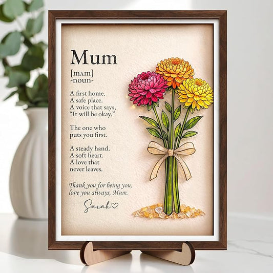 vinatimes Personalized Birthday Gift for Women, Mom Birth Flower Frame, Custom Mum Definition Art Craft Family Keepsake, Gifts for Mothers Day, Grandma, Nana, Nini Gifts, Decorative Sign for Home