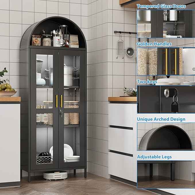 Metal Arched Display Cabinet with 3 Lights,Lockable Arch Cabinet with Glass Doors and 2 Adjustable Shelf for Home Office,Assembly Required,Black