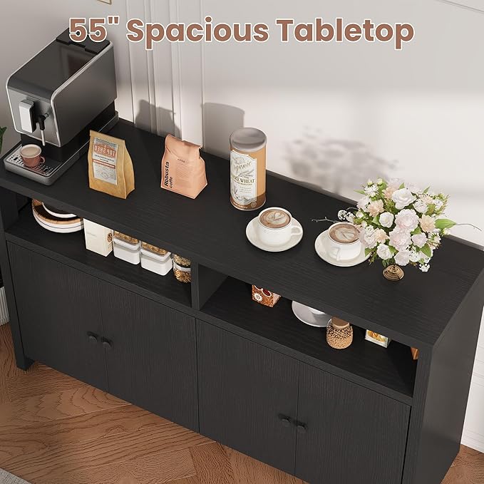 IDEALHOUSE Buffet Sideboard Cabinet with Storage, 55" Large Farmhouse Kitchen Storage Cabinet with 4 Doors & Adjustable Shelves, Wood Coffee Bar Cabinet for Kitchen, Dining Room, Living Room