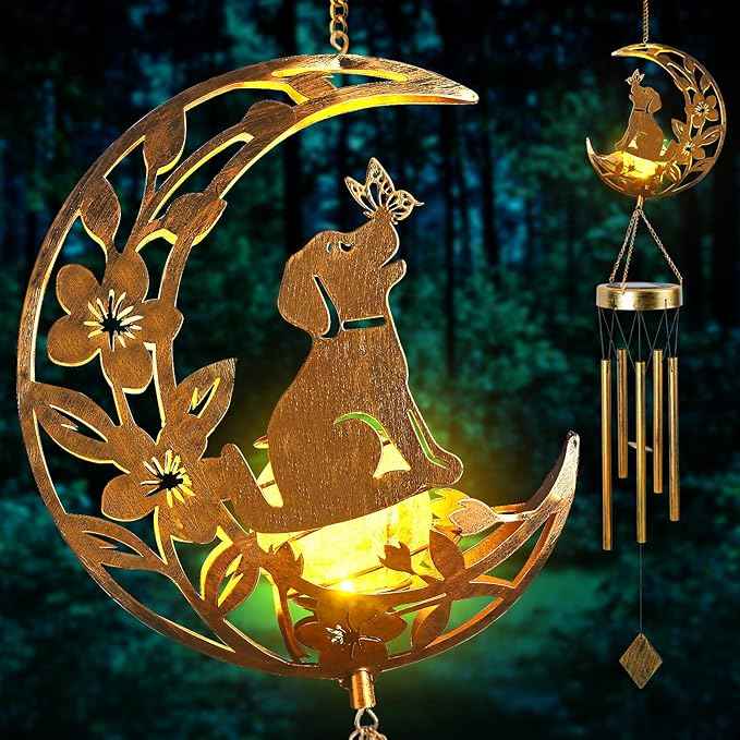 Moon Dog Wind Chime Outdoor, Handcrafted Metal Garden Wind Chimes with Dog & Moon Charms, Soothing Wind Bells for Patio Porch Decor, Weatherproof Gift for Lovers & Pet Owners