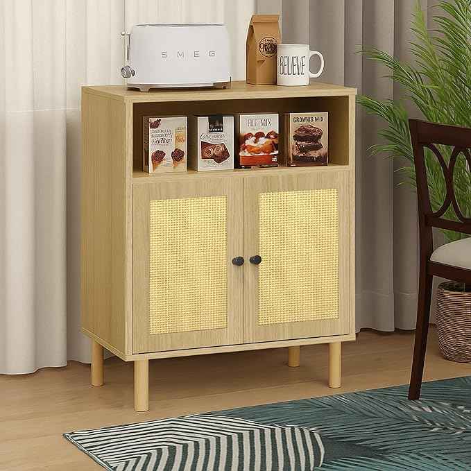 Rattan Storage Cabinet, Boho Accent Cabinet with Double Doors, Small Freestanding Sideboard for Hallway, Laundry Room,Kitchen, Dining Room, Entryway (Oak)