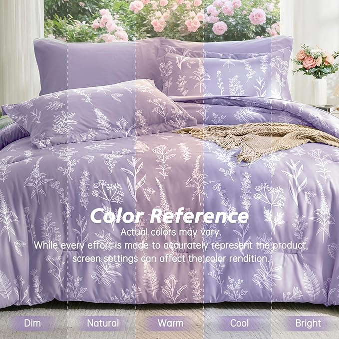 MUXHOMO Lavender Purple Bed in a Bag King 7 Pieces, King Comforter Set Reversible Botanical Flowers Design, Ultra Soft & Breathable Bedding Sets with Comforter, Sheets, Pillowcases & Shams