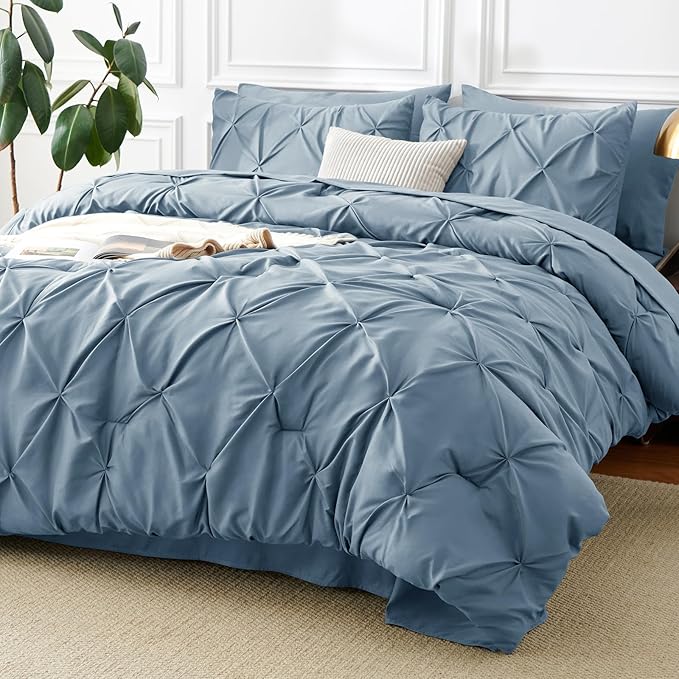 CozyLux King Size Comforter Set Mineral Blue, 7 Pieces Pintuck Bed in A Bag Blue Comforter King Size, Pinch Pleat Bedding Set with All Season Comforter, Flat Sheet, Fitted Sheet, Pillowcases & Shams