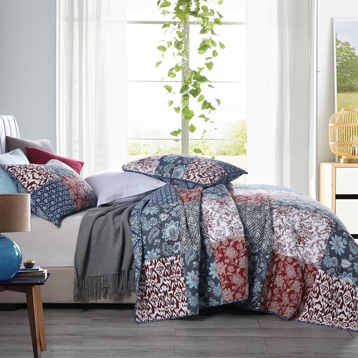 Secgo Queen Comforter Set for Bed - 100% Cotton Quilts Queen Size, Burgundy Bedspreads (90 * 98 Inch) with 2 Pillow Shams, Patchwork Reversible Lightweight Bedding