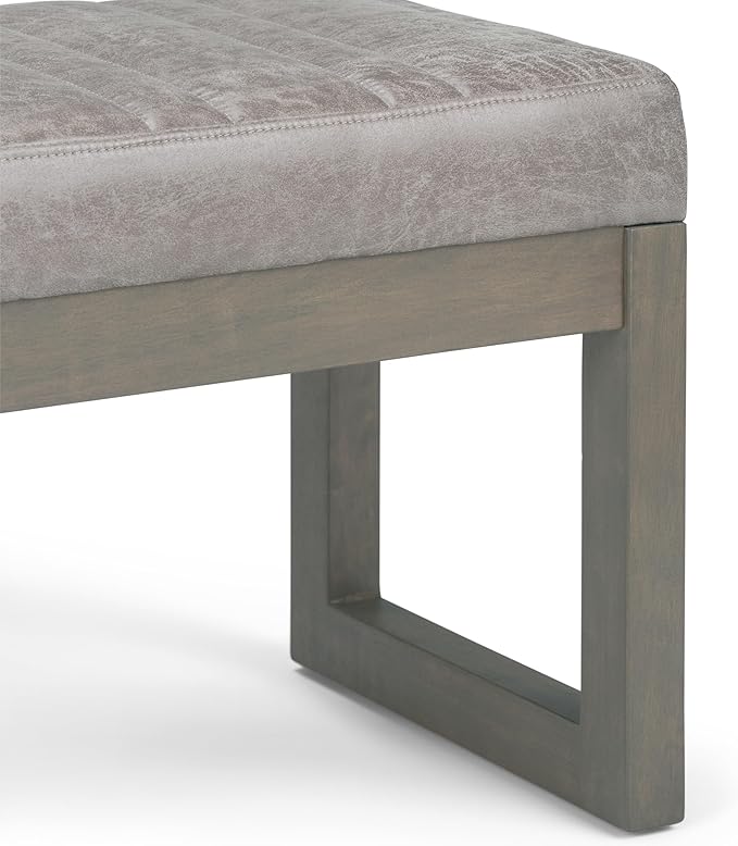 SIMPLIHOME Casey Ottoman Bench - 48 inch Wide Upholstered Vegan Leather Rectangle Ottoman in Distressed Grey Taupe, Contemporary Modern Bench for Bedroom with Quilted Stitching, Assembled