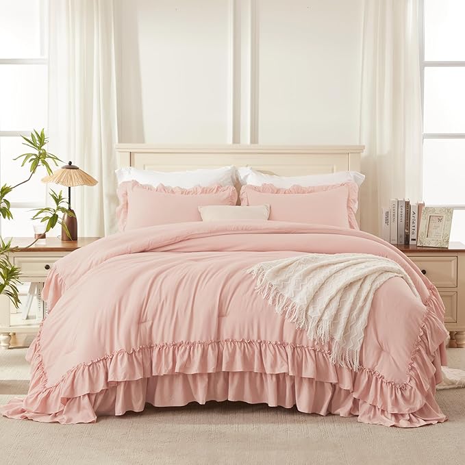 Andency Oversized Queen Ruffle Comforter Set, 3 Pieces Shabby Chic Farmhouse Bedding Set, Lightweight Soft Comforter Set 98x98 for Girls Women (1 Comforter 2 Pillowcases), Blush